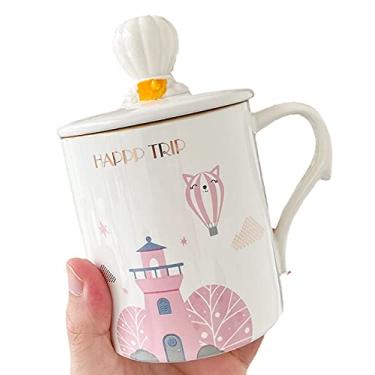 Imagem de seelucky Caneca de balão de ar quente com tampa colher caneca 3D copo de café de cerâmica xícara de chá lua presente de aniversário escritório casa (balão de ar quente branco, 400 ml)