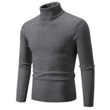 Imagem de KANG POWER Suéter quente de gola rolê outono inverno suéter masculino pulôver fino suéter masculino malha camisa inferior, Cinza escuro, Medium