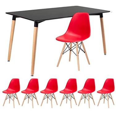 Imagem de Loft7, Kit - Mesa de jantar retangular Eames 80 x 140 cm preto + 6 cadeiras Eiffel Dsw Vermelho