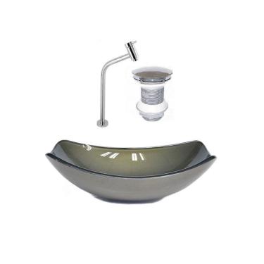 Imagem de Kit Cuba de Vidro + Torneira para Lavatório Oval Chanfrada 46cm Ouro Envelhecido