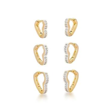 Imagem de Trio Brincos Argolas Coração Cravejadas Banhadas A Ouro 18k