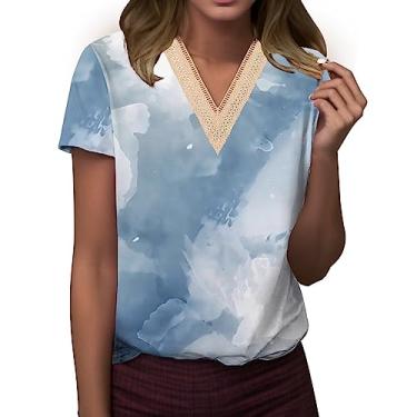 Imagem de Blusas femininas de malha de renda para treino plus size manga curta Y2K blusas de algodão blusas boho túnica de trabalho, Branco, GG