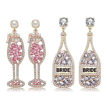 Imagem de 2 pares de brincos de garrafa de champanhe de strass para mulheres brincos de cristal de taça de vinho para mulheres delicados brincos de champanhe para festa celebração joias presentes, Zinco, Strass
