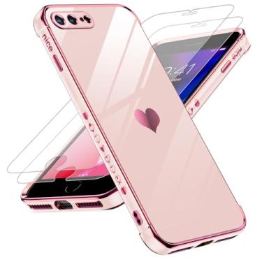 Imagem de LeYi Capa de telefone para iPhone-7 Plus iPhone-8 Plus: com protetor de tela de vidro temperado [2 peças]+ proteção total da lente da câmera, capa à prova de choque com revestimento de coração de amor para iPhone 7 Plus/iPhone 8 Plus, rosa