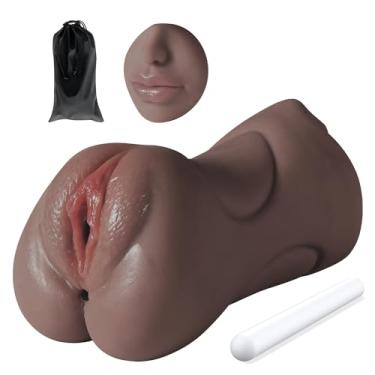 Imagem de 3 em 1 masturbador masculino buceta de bolso realista com bastão de secagem e saco de armazenamento à prova d'água, brinquedo sexual masculino de ponta dupla Onahole língua de boca vagina texturizada e ânus apertado para masturbação masculina (Pele negra)
