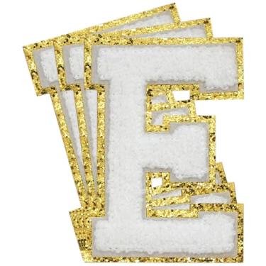 Imagem de 3 Pçs Remendos de Chenille Letras Douradas Glitter Ferro em Remendos de Letras Varsity Remendos Bordado de chenille Remendos Costurados para Roupas Chapéu Bolsas Jaquetas Camisa (Ouro, E)