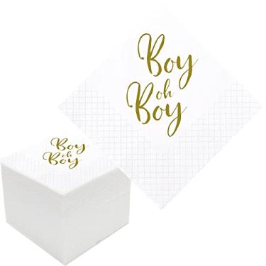 Imagem de Geloar Guardanapos de chá de bebê Boy Oh Menino, pacote com 100 guardanapos de papel descartáveis Gold Boy Oh Boy para bebidas a granel para chá de bebê decorações de festa de boas-vindas | 2 dobras, 13 x 12 cm (menino Oh menino)