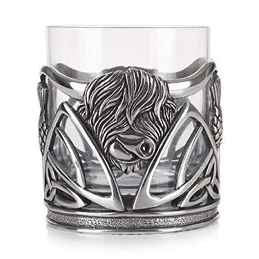 Imagem de AE Williams Copo deslumbrante de estanho escocês Highland Cow Coo & Scottish Thistle Whisky Tumbler Glass