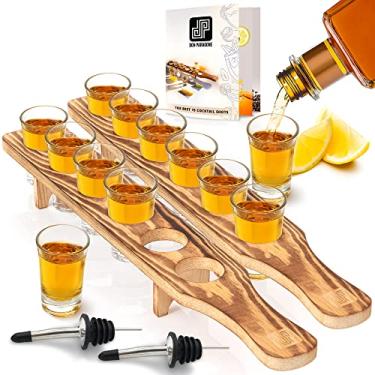 Imagem de Conjunto de bandeja de suporte de copo de shot - Conjunto de 12 peças de copos transparentes, despejadores de garrafa e livreto exclusivo de receitas de coquetel - Copos de tequila com bandeja de