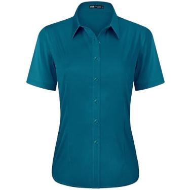 Imagem de J.VER Camisa social feminina casual elástica de manga curta fácil de cuidar, Azul pavão, PP