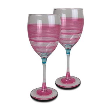 Imagem de Golden Hill Studio Conjunto de 2 taças de vinho pintadas à mão - Coleção Cape Cod Cottage Pink - Artigos de vidro pintados à mão por artistas dos EUA - Taças de vinho exclusivas e decorativas, decoração de mesa de cozinha