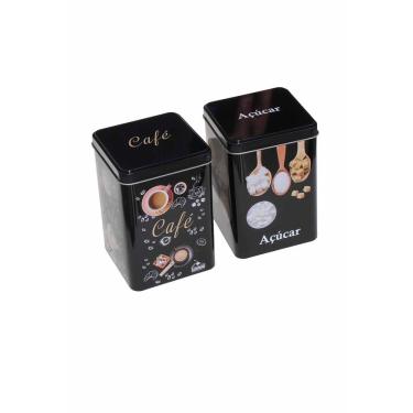 Imagem de Kit 2 Pote Lata Porta Mantimentos Metal Café Açúcar Pequeno