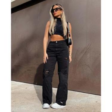 Imagem de CALÇA FEMININA WIDE LEG COM RASGOS NA PERNA 29024 PRETO Consciência-Feminino