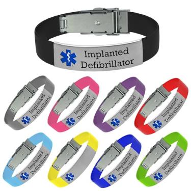 Imagem de Pulseira de alerta médico desfibrilador implantado - pulseira de silicone ajustável, etiqueta de identificação médica gravada, cores vibrantes sortidas para identificação rápida (rosa)