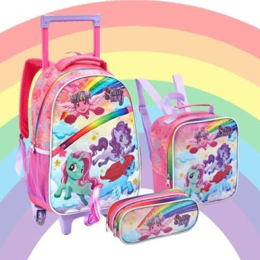Imagem de Kit Mochila Rodinha Escolar Poney Meninas Arco Iris - Seanite