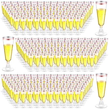 Imagem de 300 peças de taças de champanhe de plástico a granel, taças de champanhe transparentes descartáveis de 127 g, taças de champanhe com aro para brinde de casamento, aniversário, celebração, festa vinho (Aro de ouro rosa)