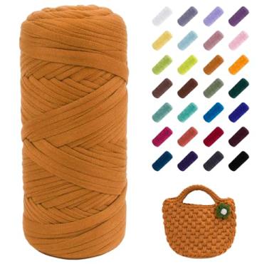Imagem de JeogYong Fio de camiseta, 200 g/59,7 m, tecido elástico de tecido de tricô, fita grossa de tecido de crochê de açafrão para sacos/cestas/tapetes de crochê, decoração de casa, artesanato DIY