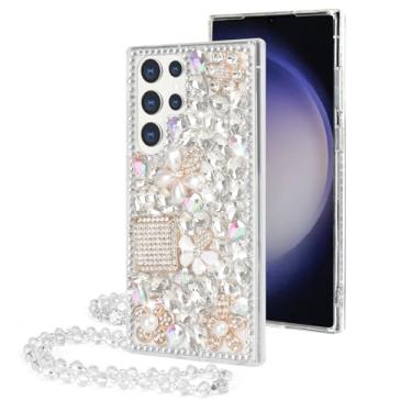 Imagem de Losin Compatível com Galaxy S24 Ultra Bling Capa Luxuosa 3D Diamante Cristal Strass Pedra Preciosa Frasco de Perfume e Flor Capa para Mulheres Meninas Glitter Cinta de Corrente Brilhante, Transparente