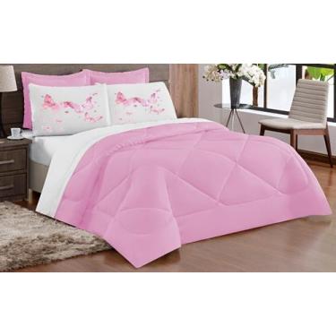 Imagem de Kit Edredon borboleta dupla face Casal Queen 05 Peças ROSA BRANCO - DU