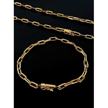 Imagem de Corrente + pulseira cadeado alongado 5mm banhado a ouro 18k - ToJoia18
