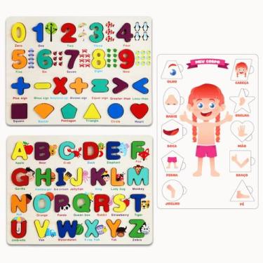 Imagem de Quebra Cabeça de Madeira e Letras Números e Formas Colorido Brinquedo 