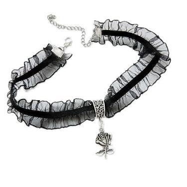 Imagem de Doubnine Colar gargantilha de renda preto retrô gótico rosa punk vintage Lolita anos 90 colar acessórios de casamento vitoriano feito à mão para mulheres, 30,5 cm (pacote com 1), latão, 12 Inch (Pack