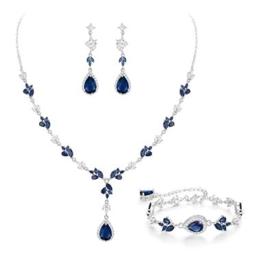 Imagem de Crysdue Conjunto de joias de noiva em forma de gota para festa de casamento, prata/14 k/banhado a ouro rosa, bijuteria de fantasia para noivas, damas de honra, mulheres, colar de zircônia cúbica com