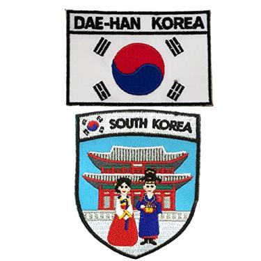 Imagem de A-ONE Pacote com 2 peças - Bordado de escudo Gyeongbokgung + emblema da bandeira da Coreia do Sul, emblema da bandeira nacional, bordado de ponto de referência, emblema tático, lembrança do local histórico, adequado para calças jeans e camisas NO.335C