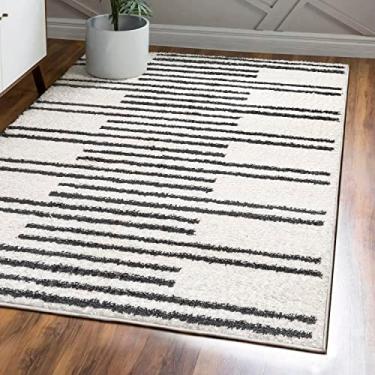 Imagem de JONATHAN Y Petra Stripe Geométrico Shag Branco/Preto 90 cm x 1,5 m. Tapete de área boêmio, contemporâneo, quarto de salsicha, sala de estar, cozinha