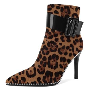 Imagem de Mettesally Botas femininas de cano curto, bico fino, salto alto, contas stiletto, tamanho feminino, com zíper, botas de outono, 9 cm, Leopardo de camurça, 36