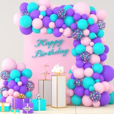 Imagem de Kit de guirlanda de arco de balão azul turquesa, 111 peças tema surpresa, balões de aniversário guirlanda azul água, rosa, roxo, confete balão para revelação de gênero, metade aniversário, festa de chá de bebê
