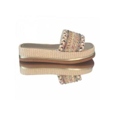 Imagem de Sandália Papete Tamanco Dourada Metalizada Detalhes Coloridos-Feminino