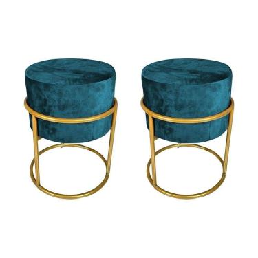 Imagem de Kit 2 Puffs Decorativos Redondo Base De Ferro Dourada Tecido Veludo Azul