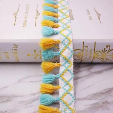 Imagem de 1 jardas/lote borla franja guarnição de tecido borlas guarnições de renda franja com borlas para decoração de cortinas acessórios de costura diy, 3 amarelo e azul