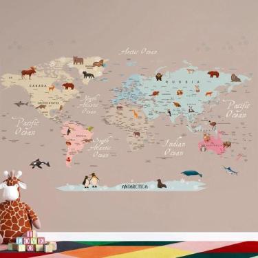 Imagem de Papel De Parede Infantil De Mapa Mundi Colorido Com Animais - AloPaper