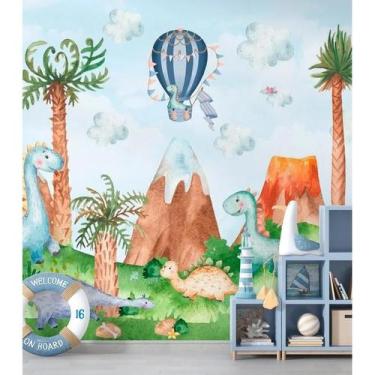 Imagem de Papel de Parede Infantil Dinossauros em aquarela com vulcões em flores