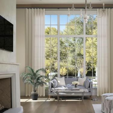 Imagem de Cortinas extra longas plissadas de linho caramelo caramelo 332 centímetros de comprimento para sala de estar teto alto quarto filtragem de luz semitransparente plissado com ganchos anéis abas