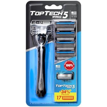 Imagem de Aparelho de Barbear Masculino Toptech PRO 5 - Barbeador Manual com Cartuchos Refil - Tecnologia de 5 Lâminas - Pacote com 17 Unidades (1 Cabo + 16 Refis) - Lâminas Afiadas - Refil Econômico
