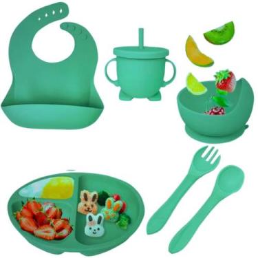 Imagem de Kit 6 Louças Refeição Bebê Silicone Colher Pratinho Babador Infantil V