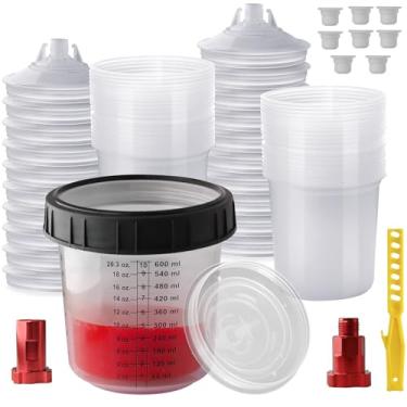 Imagem de Kit de copo de mistura de tinta descartável de 600 ml, copos de mistura de pistola de pulverizador de tinta HVLP com sistema de 50 xícaras e tampas, 10 plugues e 1 copo rígido com anel retentor,