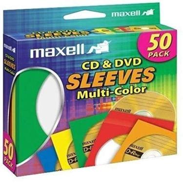 Imagem de Maxell 190134 Capas para armazenamento de papel para CD e DVD com janelas de plástico transparente multicoloridas, pacote com 50 (papel)