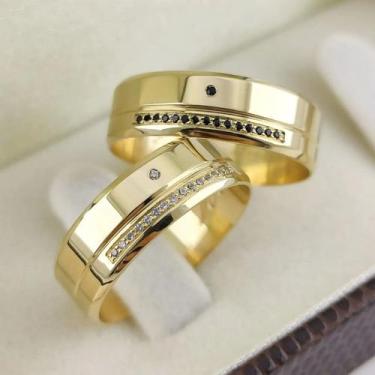 Imagem de Par de Alianças Casamento Hayom Ouro 18K 6mm 15g retas c/ Zircônias - 