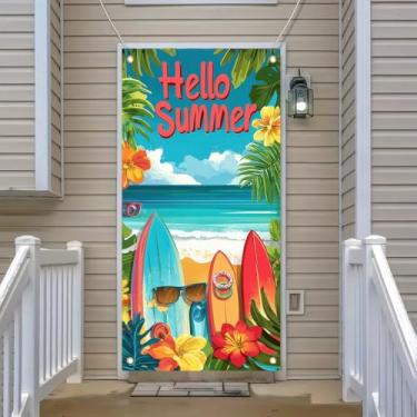 Imagem de BlissYard Hello Summer Beach Door Cover Decorações de pano de fundo 188 x 89 cm prancha de surfe verão porta banner foto fundo para porta da frente verão surfe praia piscina suprimentos para festas de