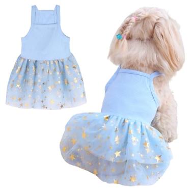 Imagem de Vestido tutu para cães, gato, cachorro, verão, tule, deslizante, renda, saia com glitter, roupa de festa para animais de estimação para cães pequenos e médios (azul, grande)