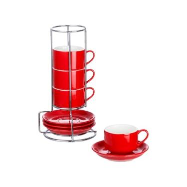 Imagem de CHILDIKE Copos de cappuccino de porcelana de 70,9 g com pires e suporte de prata, conjunto de 4 xícaras vermelhas