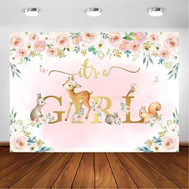 Imagem de Avezano Woodland Pano de fundo para meninas, chá de bebê, floresta, animal, decoração floral, fundo fotográfico para bebês It's a Girl Woodland, pano de fundo para chá de bebê, artigos de lembrancinha para cabine de fotos (2,1 x 1,5 m)