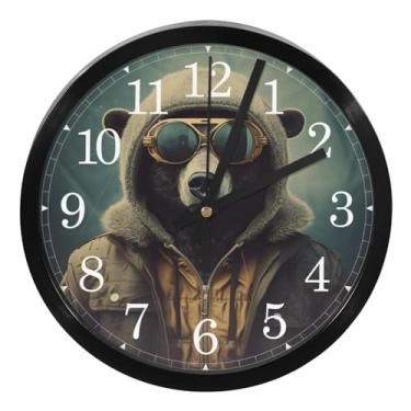 Imagem de LILINWAN Relógio de parede redondo com pintura retrô urso operado por bateria silencioso sem tique-taque movimento de varredura capa de vidro para cozinha, quarto, escritório em casa, decoração de