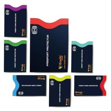 Imagem de Boxiki Travel RFID Blocking Sleeves, conjunto com codificação de cores | Prevenção de roubo de identidade RFID Blocking,conjunto de 6 capas para cartão de crédito e 1 capa para passaporte,azul marinho