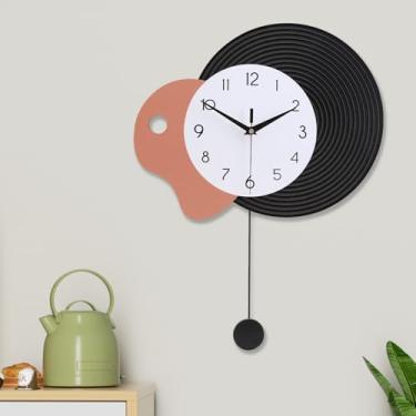 Imagem de FILLOVE Relógio de parede decorativo com pêndulo para sala de estar, ponteiros de metal com padrão de quadro de imagem, mostrador branco com destaque laranja, relógio de parede de metal silencioso