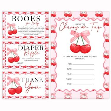 Imagem de LNOKRIM Convites para chá de bebê, decorações de chá de bebê de cereja, cartão de convites de cereja, bilhetes de sorteio de fraldas, cartões de convite com envelope, cartões de solicitação de livros